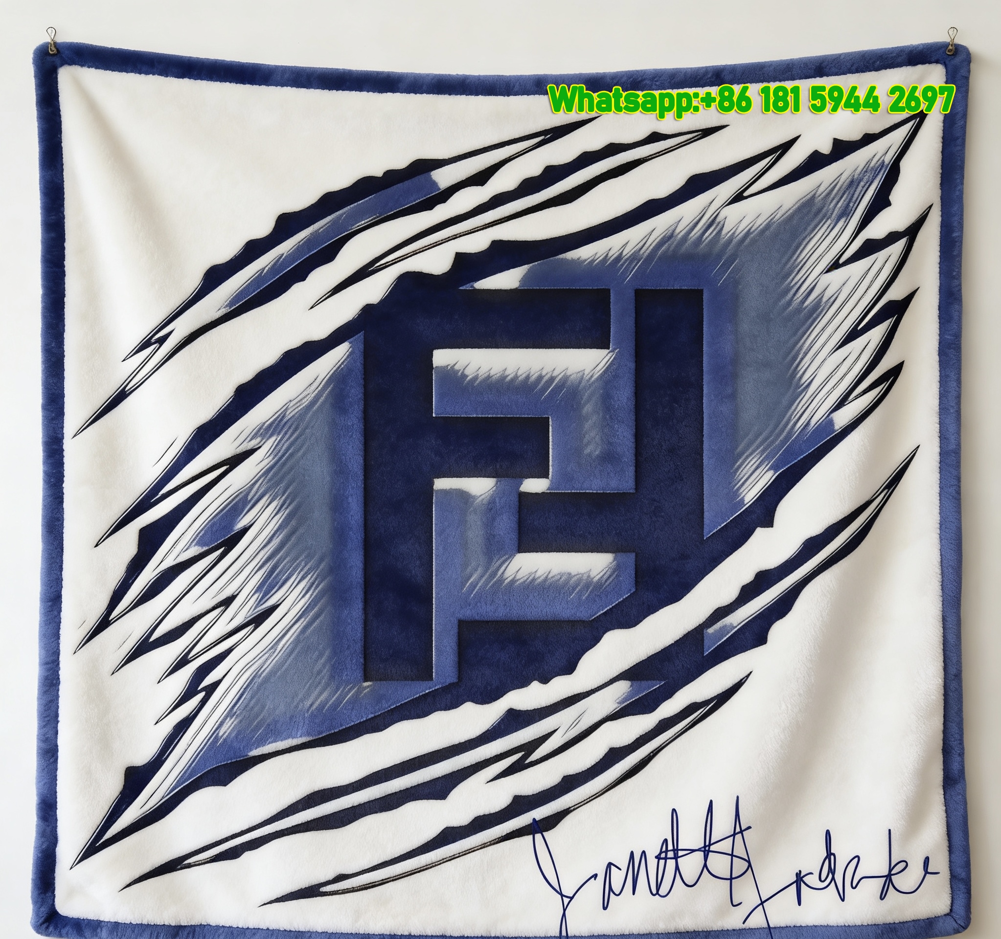 Deep Blue and White Fendi Claw Mark FF Logo Flannel Throw Blanket IMG_9308